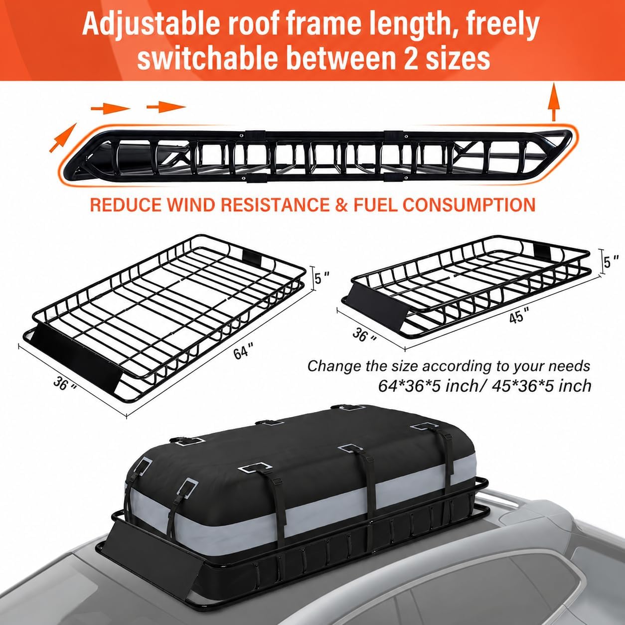 Adjustable Roof Rack Basket 45"-64" x 36" x 5" with 20 Cu.Ft Waterproof Cargo Bag - Heavy Duty Steel Cargo Carrier for SUV Truck Van, 250 lbs Capacity, Complete Accessory Kit