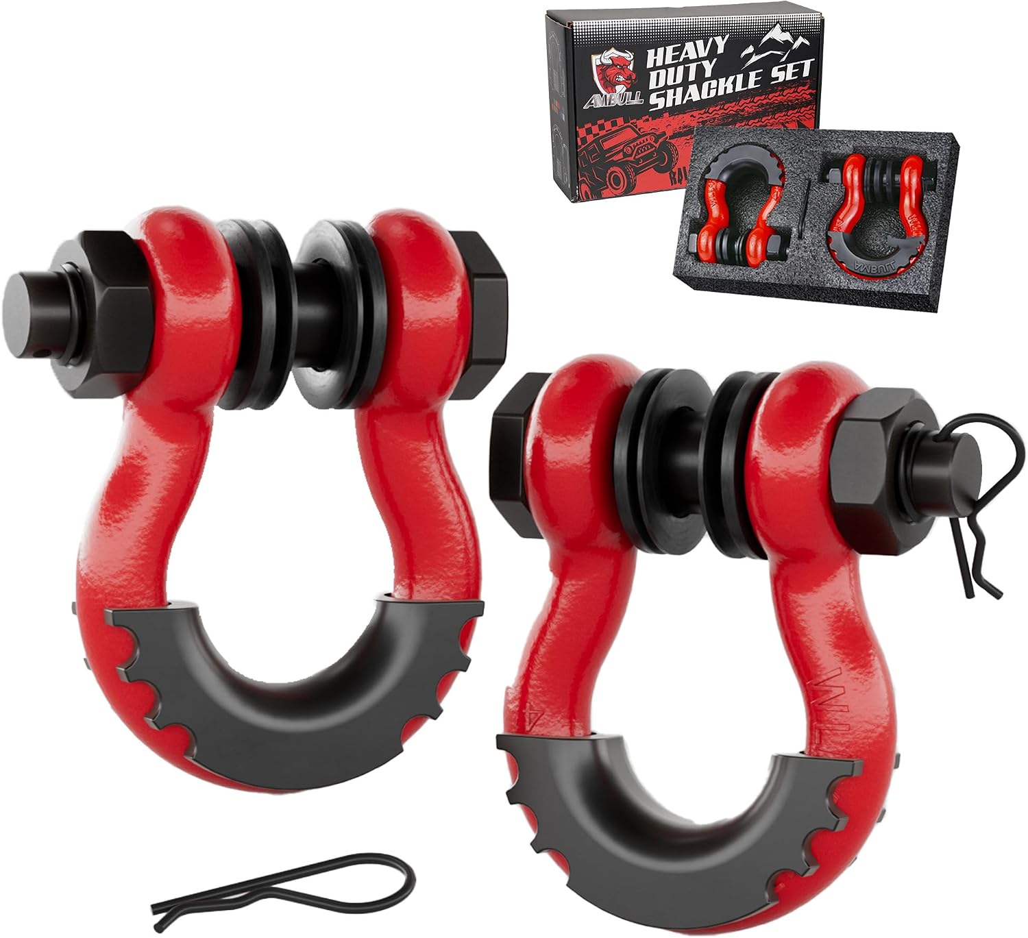 Shackles 3/4 Inch D Ring Shackle (2 Pack) 41,887lb Break Strength with 7/8 Inch Pin, Isolator and Washer Kits for Use with Tow Strap, Winch, Off-Road Jeep Truck Vehicle Recovery, Red