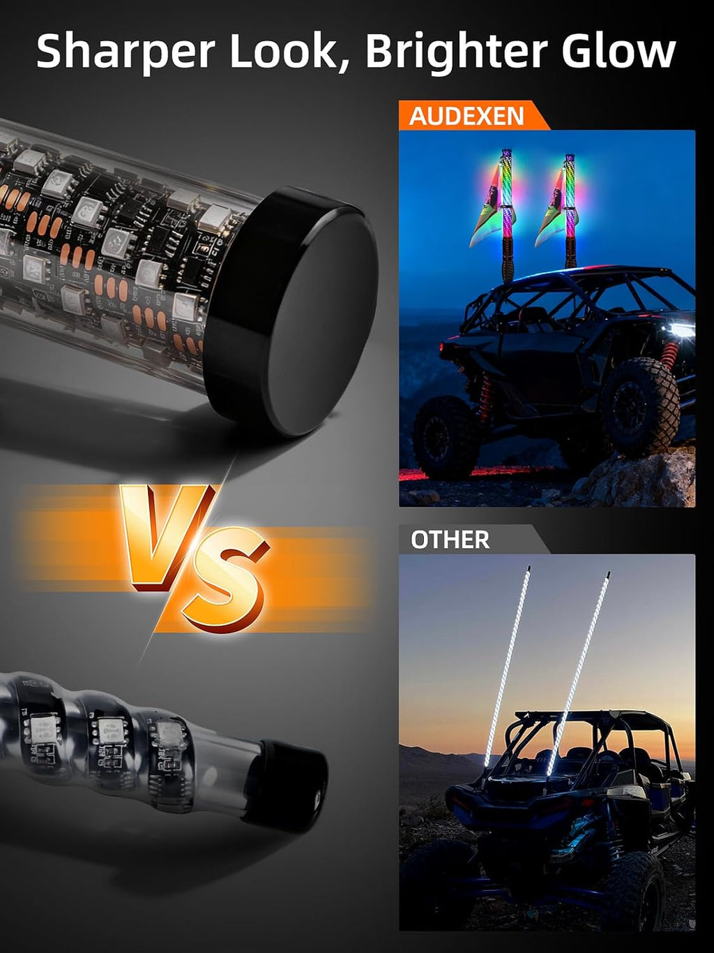 AUDEXEN New Tpye of Smoked Lens RGB Whip Lights, 2FT Spiral Led Lighted Whips, Plug & Play Spring, App & Remote Control, for SXS UTV ATV Off-Road RZR for Polaris Can-Am Truck 4X4 Sand Buggy Dune