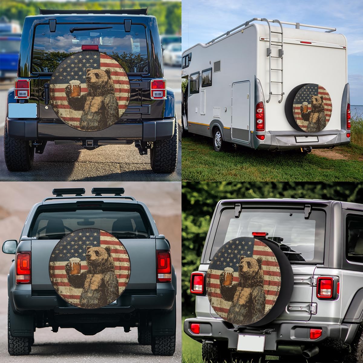 Spare Tire Cover Bear American Flag Wheel Covers Protectors Waterproof Dust-Proof Universal Fit Trailer, RV, SUV and Many Vehicle (15" for tire Diameter 27.55"-29.13")