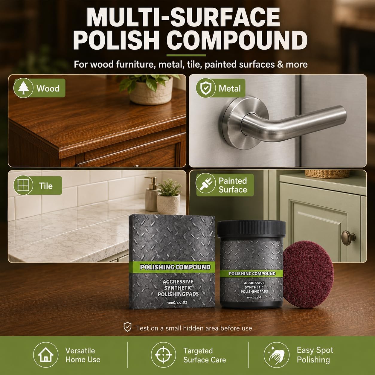 Wood Polishing Compound with Pad, Multi-Surface Scratch Remover and Surface Restoration Polish, Compound and Polish for Wood Furniture, Metal, Tile & Painted Surfaces