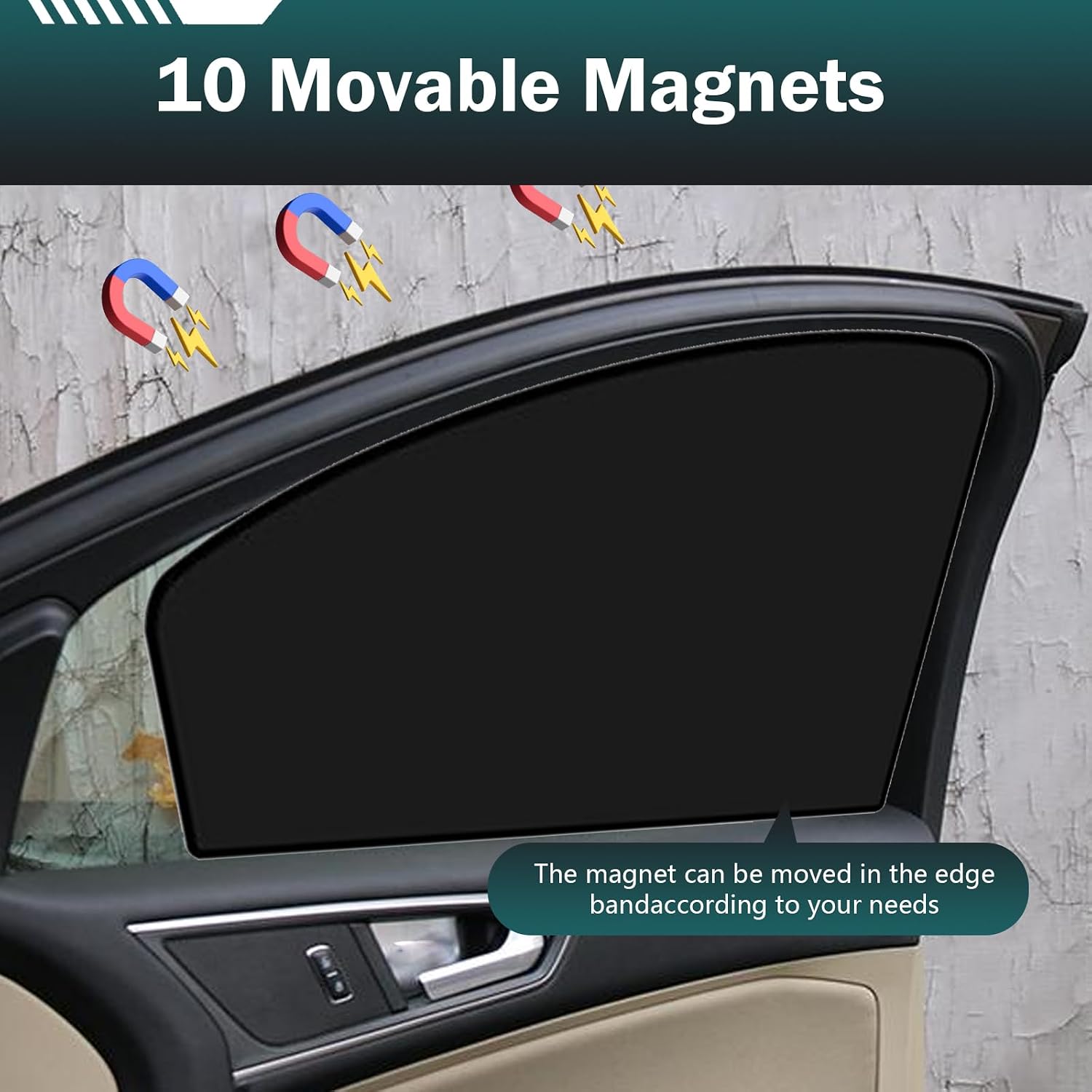 4 PCS Car Side Window Sun Shade, 24.40In x 18.89In x 12.99In Front & 31.49In x 18.89In Rear Magnetic Window Shades, Blackout Privacy Protective Curtain, Heat Insulation for Most Cars (Black)