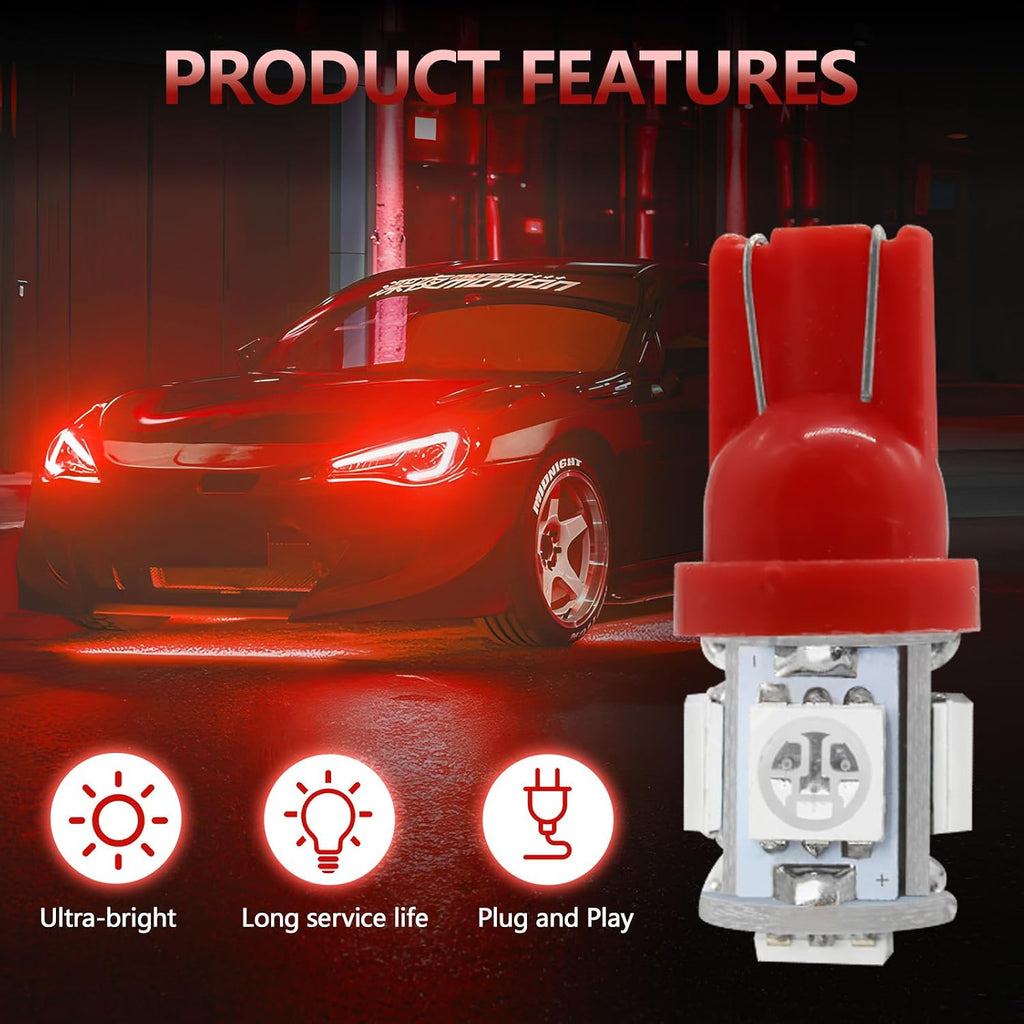 wuyaoyao 10PCS 194 LED Light Bulb, 6000K T10 168 W5W 2825 5SMD 5050 Chips LED Replacement Bulbs, 12V Wedge LED Light Bulb for Car Dome Interior Map Door Courtesy License Plate Lights (Red)