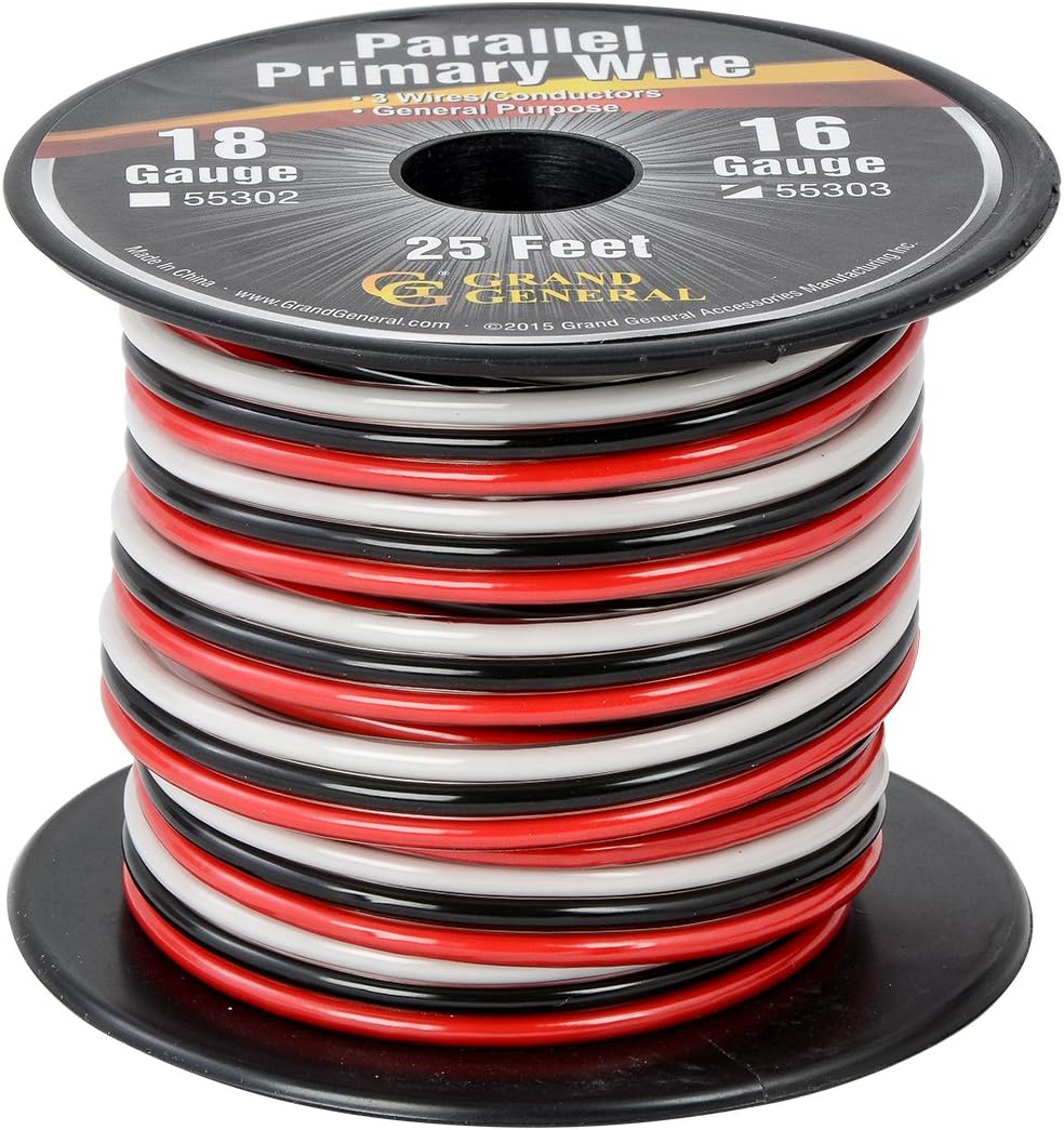 Grand General 55303 Parallel Primary 3-Wire 25ft Roll with Spool For Trucks, Automobile and More –Black, Red & White