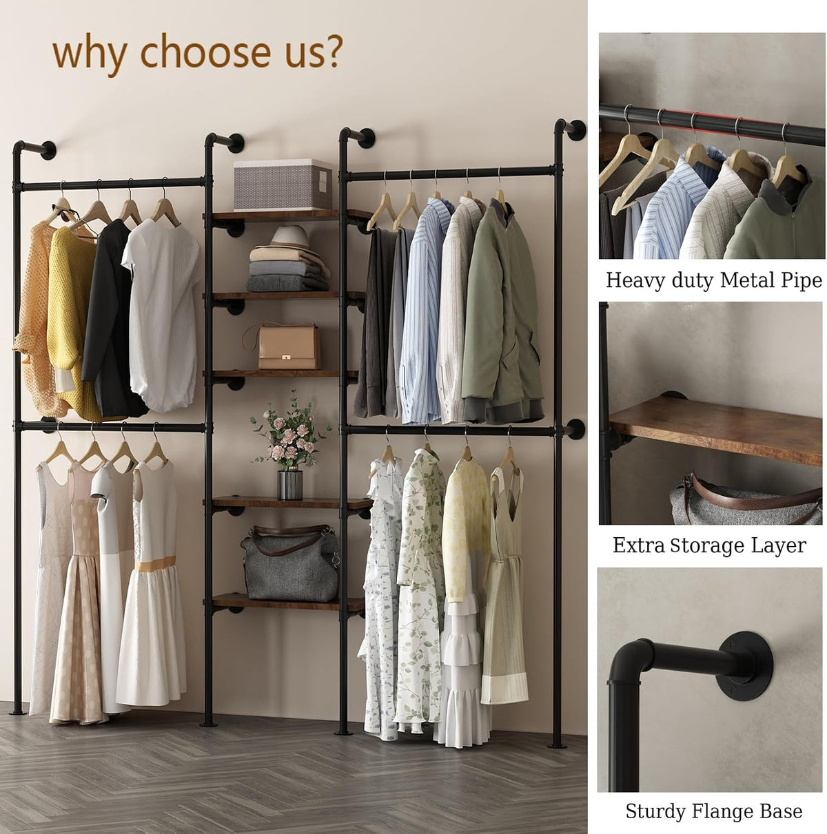 industrial pipe clothing racks with 5 shelves, wall, close-up detail