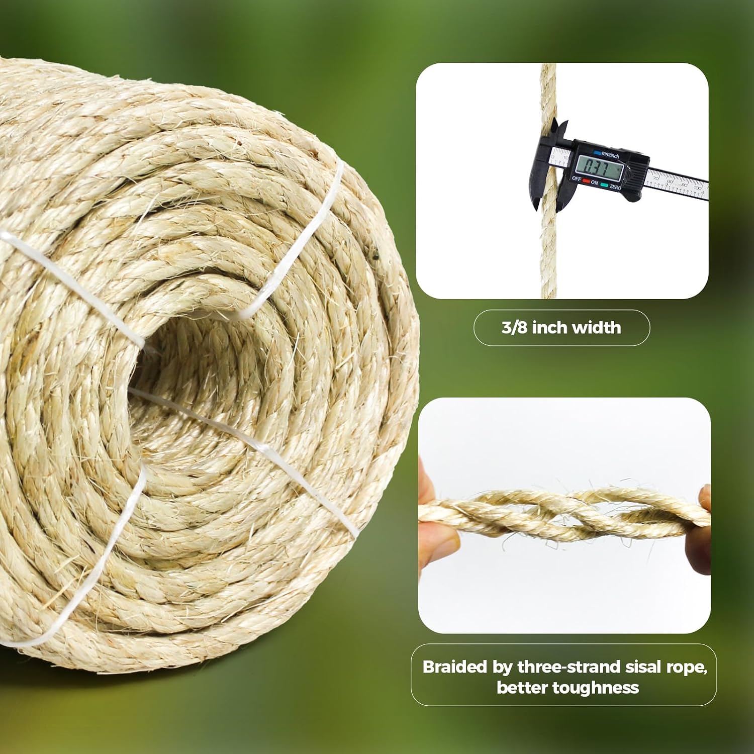 YALAVA Natural Sisal Rope for Cat Scratching Posts, 3/8 Inch 100FT Abrasion Resistance Rope, Multipurpose for Cat Tree Repair, DIY Projects, Furniture Wrapping, Indoor/Outdoor Use (Beige)