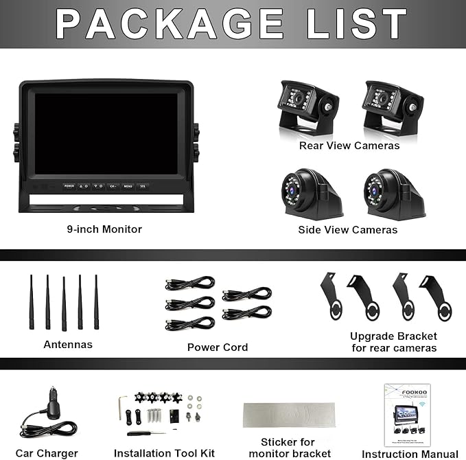 Fookoo HD 1080P 9" Wireless Backup Camera System, 9-inch Quad Split Screen - Image 9