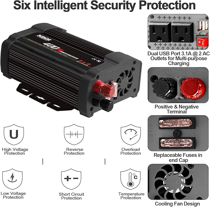 400W Car Power Inverter, DC 12V to 110V AC Converter - Image 5