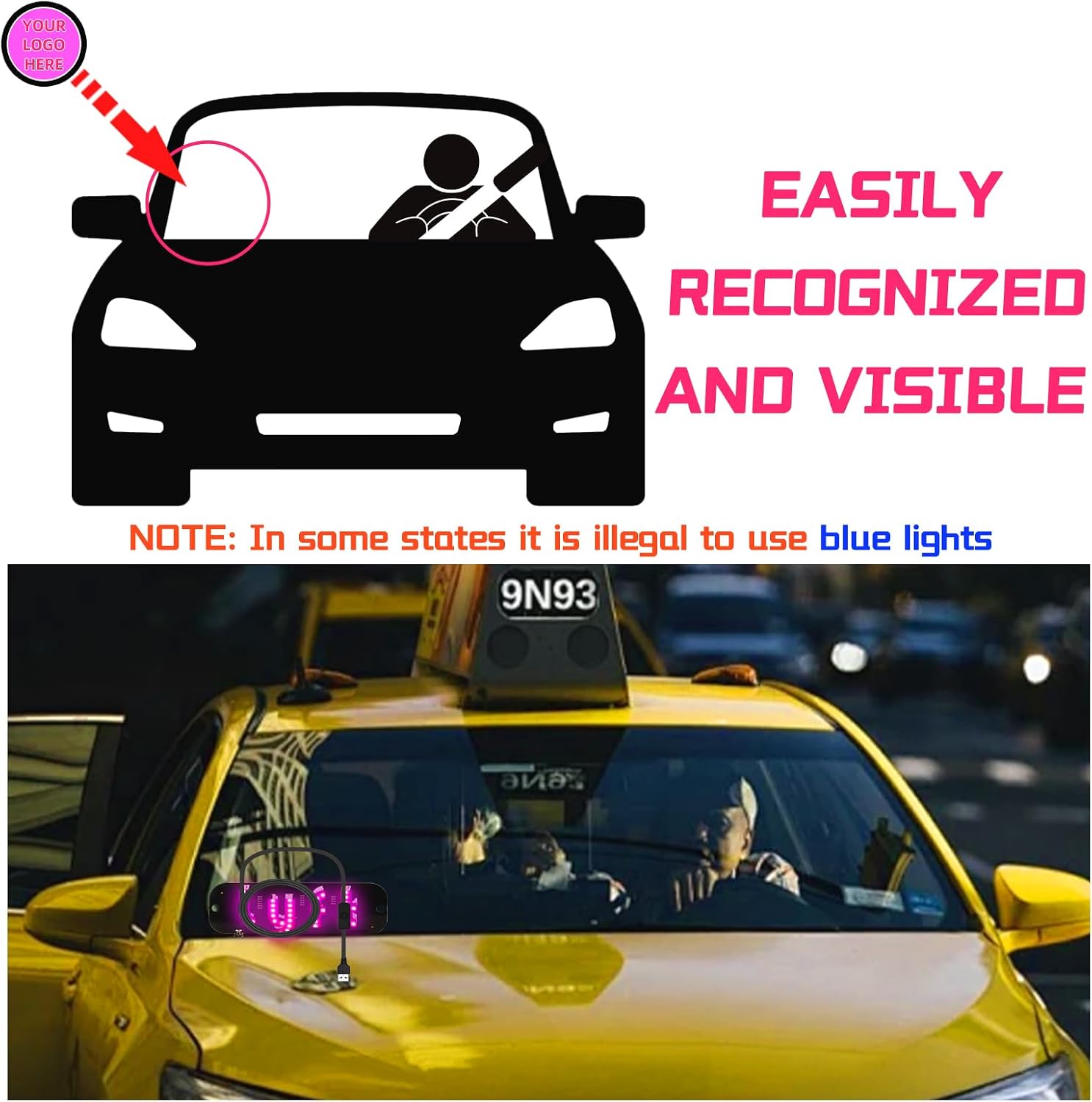 LED Light for Car, LED Sign for Car Windshield, Taxi Sign Decal with Suction Cups and Hook and Loop Cable Ties USB Plug, Trucks, SUV (Pink)