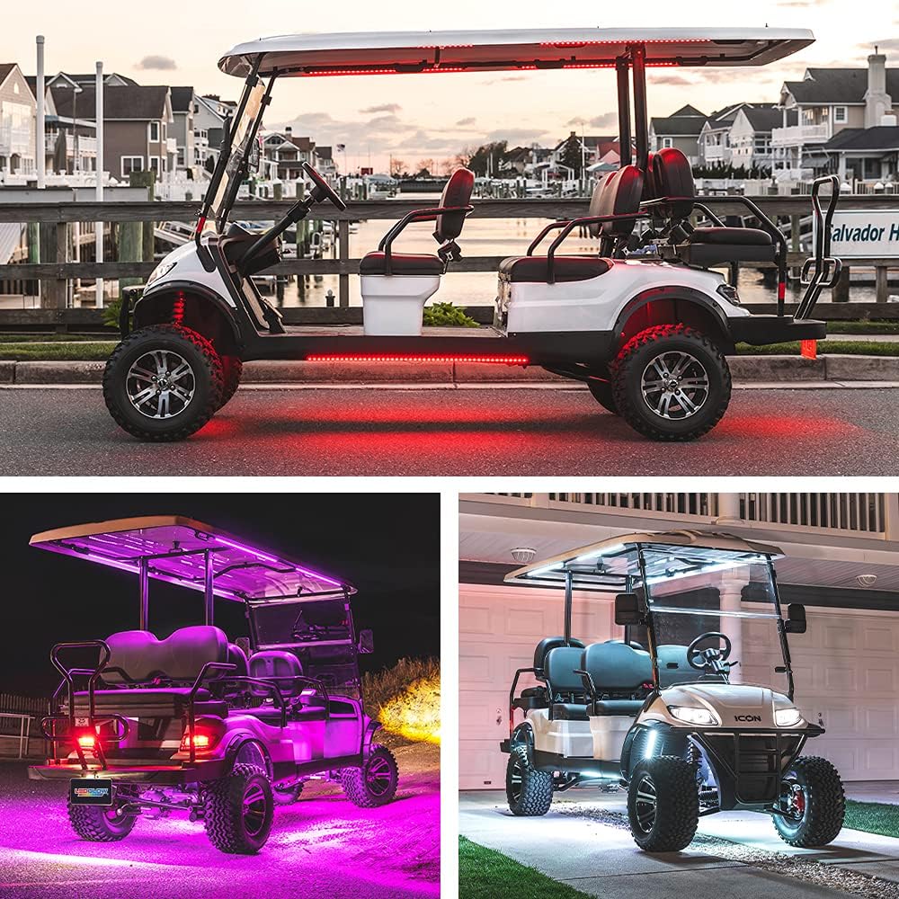 LEDGlow 12pc Million Color LED 6-Seater Limo Golf Cart Underglow Neon Lighting Kit w/Canopy & Wheel Well Lights Fits EZGO, Yamaha, Club Car, ICON, Evolution, Tomblerin, Star EV - for 12-Volt Battery
