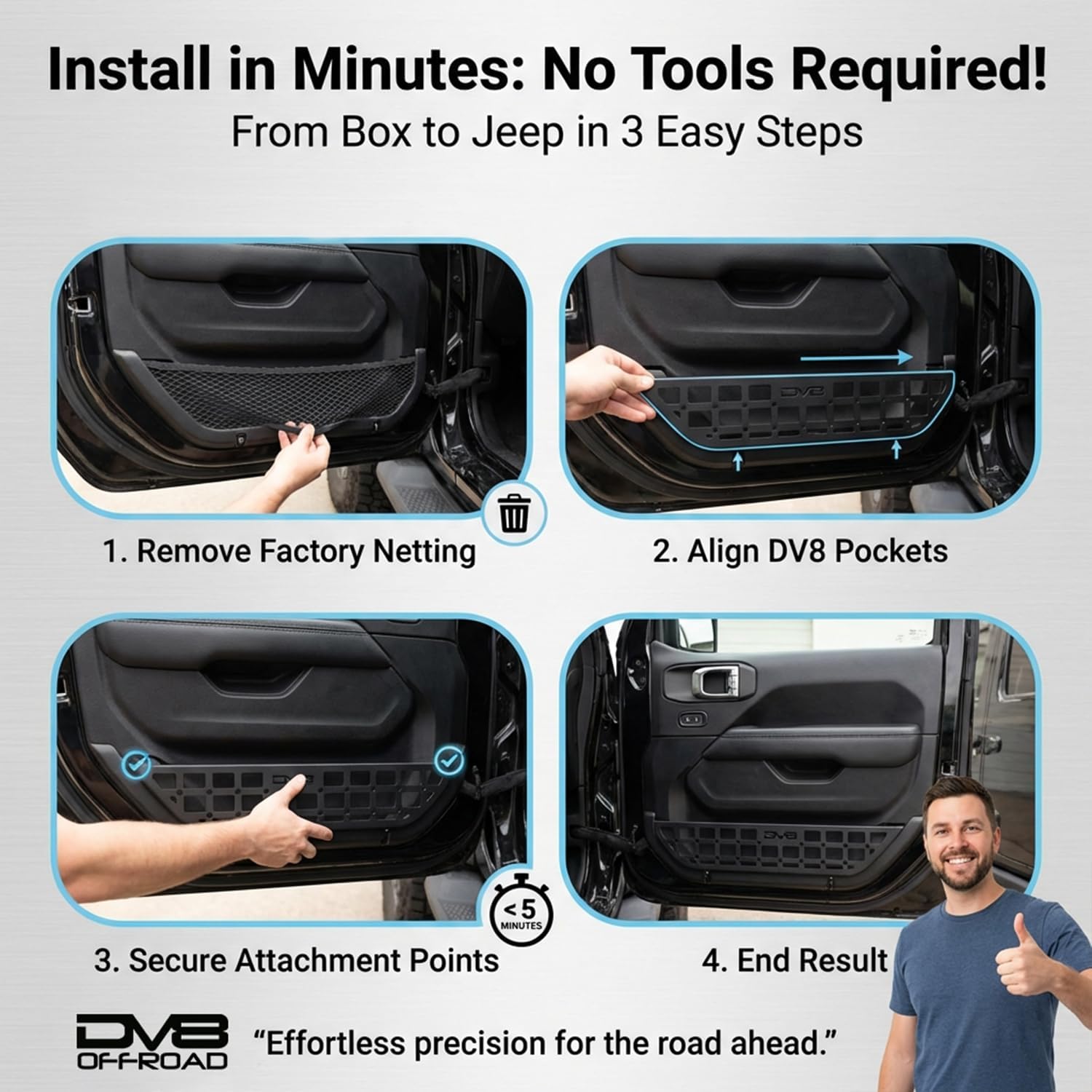 DV8 Offroad Slim Jeep Front Door Storage Pockets Compatible with 2018-2026 Jeep Wrangler JL & 2020-2026 Gladiator JT - Molle Jeep Door Pockets & Net Replacement, Slimmer Design for Improved Legroom