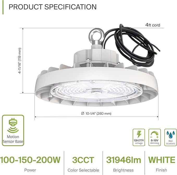 ASD LED High Bay UFO Light Fixture, Commercial Shop Lighting | 3CCT, IP69K - Image 2
