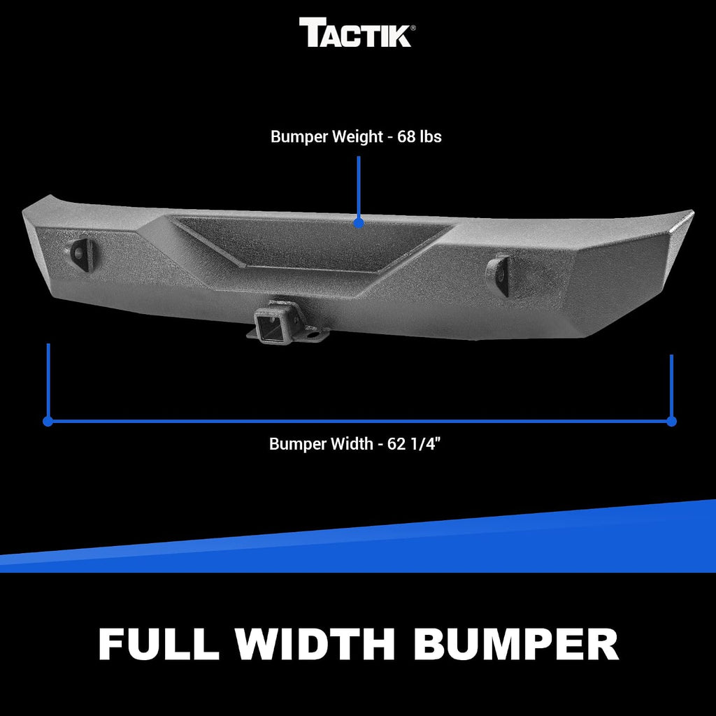 TACTIK JK Rear Bumper with 2" Hitch Receiver & D-Rings - Fits Jeep Wrangler JK 2007-2018 - Heavy Duty Offroad Bumper for Jeep JK Wranglers