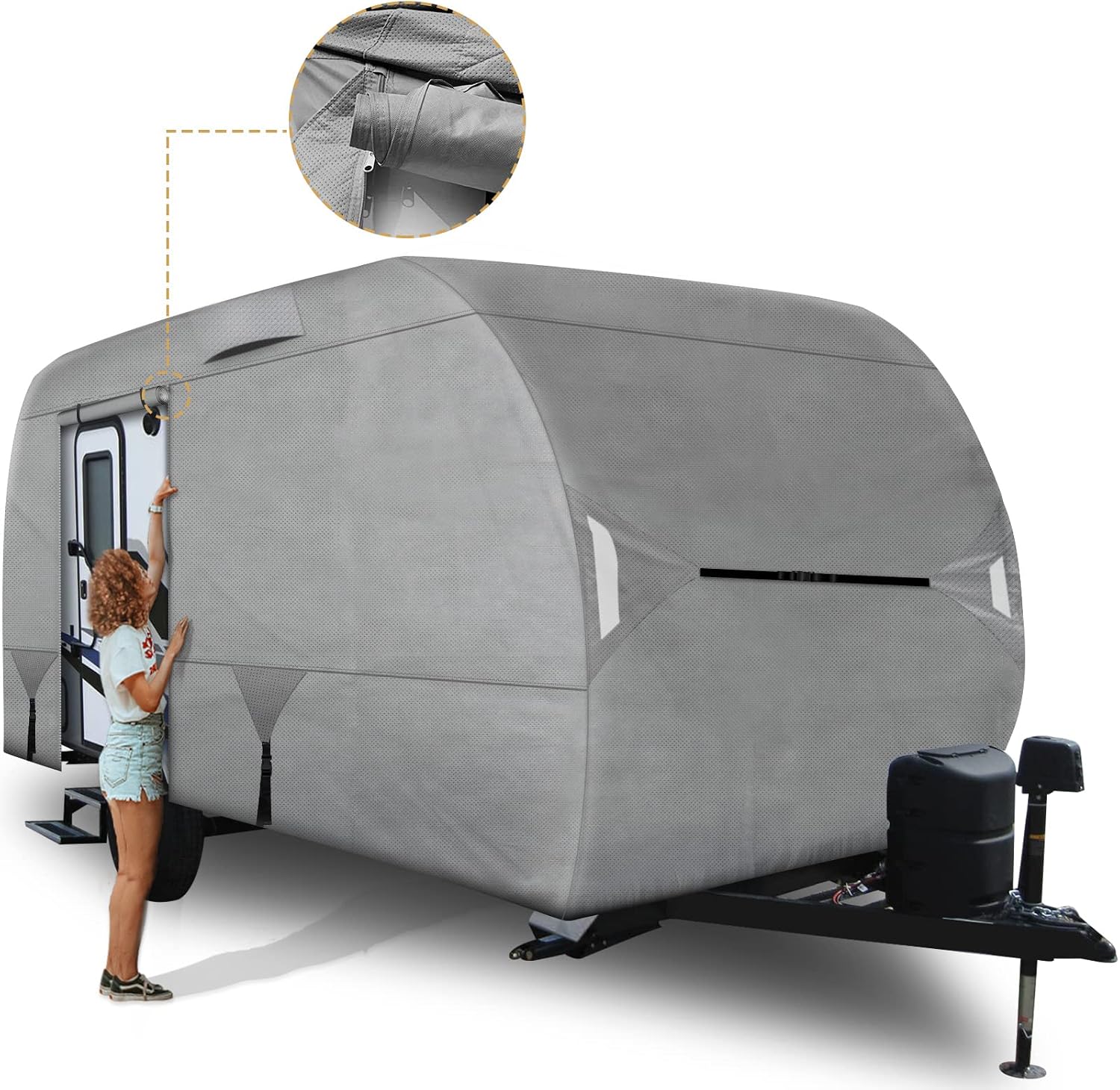 Leader Accessories R-POD Cover Travel Trailer RV Cover Teardrop Windproof Extra Thick with Adhesive Repair Patches (r-pod tt Cover, Model 4 - Up to 17' 7" L, Door in Back)
