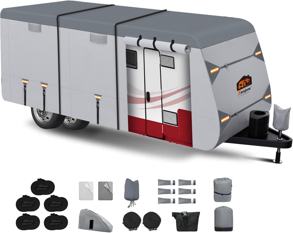 RV Cover for 22-24 ft Travel Trailers, 7 Layers Heavy Duty Camper Cover, Weatherproof & UV Resistant Motorhome Trailer Cover with Gutter & Tongue Jack Covers