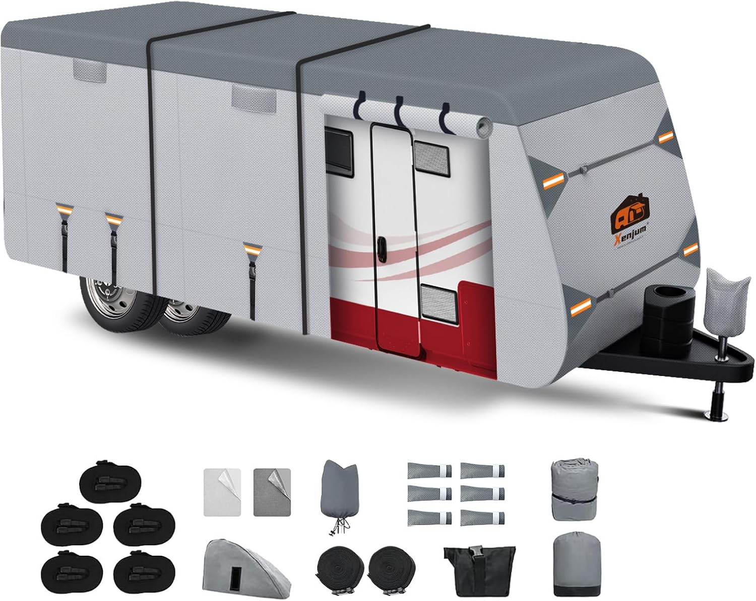 RV Cover for 22-24 ft Travel Trailers, 7 Layers Heavy Duty Camper Cover, Weatherproof & UV Resistant Motorhome Trailer Cover with Gutter & Tongue Jack Covers