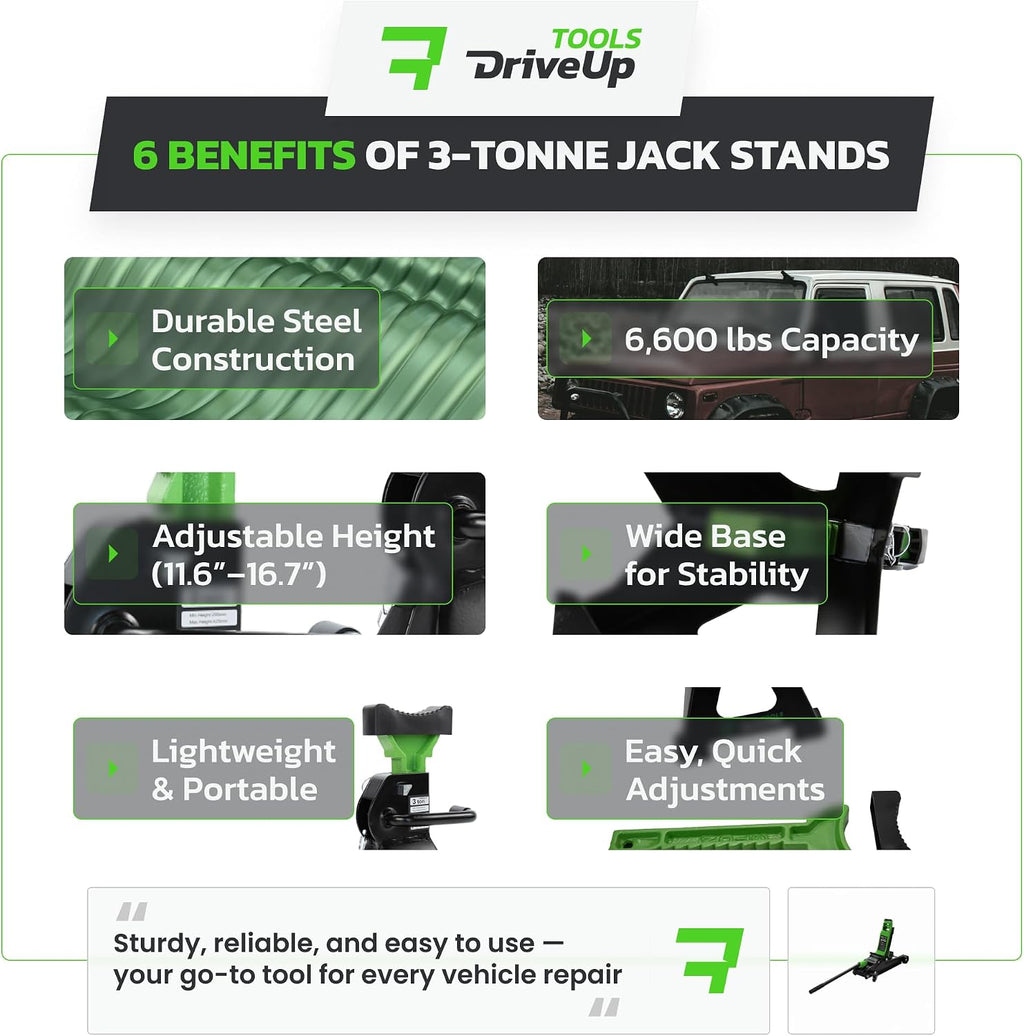 Jack Stands 3 Ton (6,600 lb) Heavy Duty Steel, Double Locking, Set of 2, Adjustable Height 11.03-16.7 Inch, Green Car Jack Stands for Cars SUV Trucks Vans