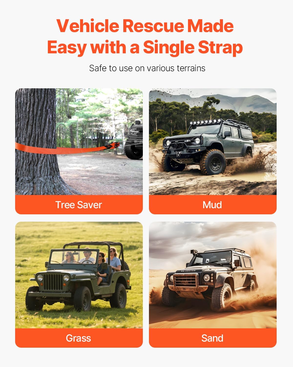 VEVOR Heavy Duty Tow Strap Recovery Kit 3 in x 30 ft (MBS-36,000 lbs) Tree Saver Winch Strap, Triple Reinforced Loop & Protective Sleeves & Storage Bag, 3/4" D-Ring Shackles, for Truck Jeep SUV ATV