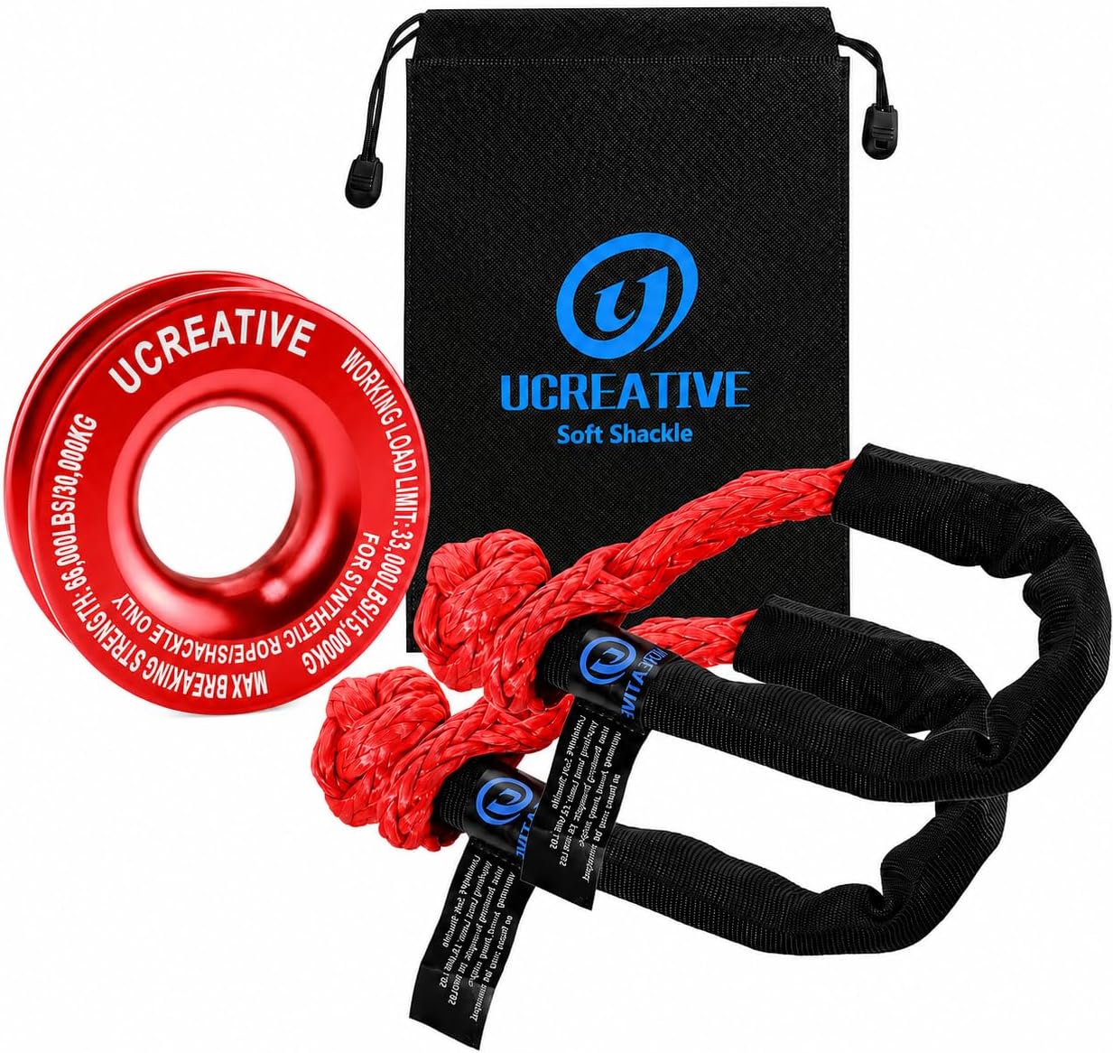 Ucreative Red Recovery Ring and 2PCS Red Soft Shackle (1/2 Inch x 22 Inch) kit for Synthetic Winch Rope for ATV UTV SUV Truck Off-Road Vehicle Recovery