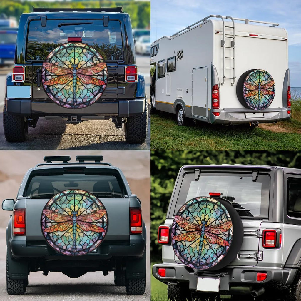Spare Tire Cover for RV Trailer, Glass Dragonfly Pattern Tire Covers Universal Fit for Travel Trailer Camper Jeep RV SUV Truck Waterproof Wheel Cover (17 inch for Diameter 31” - 33”),A-789