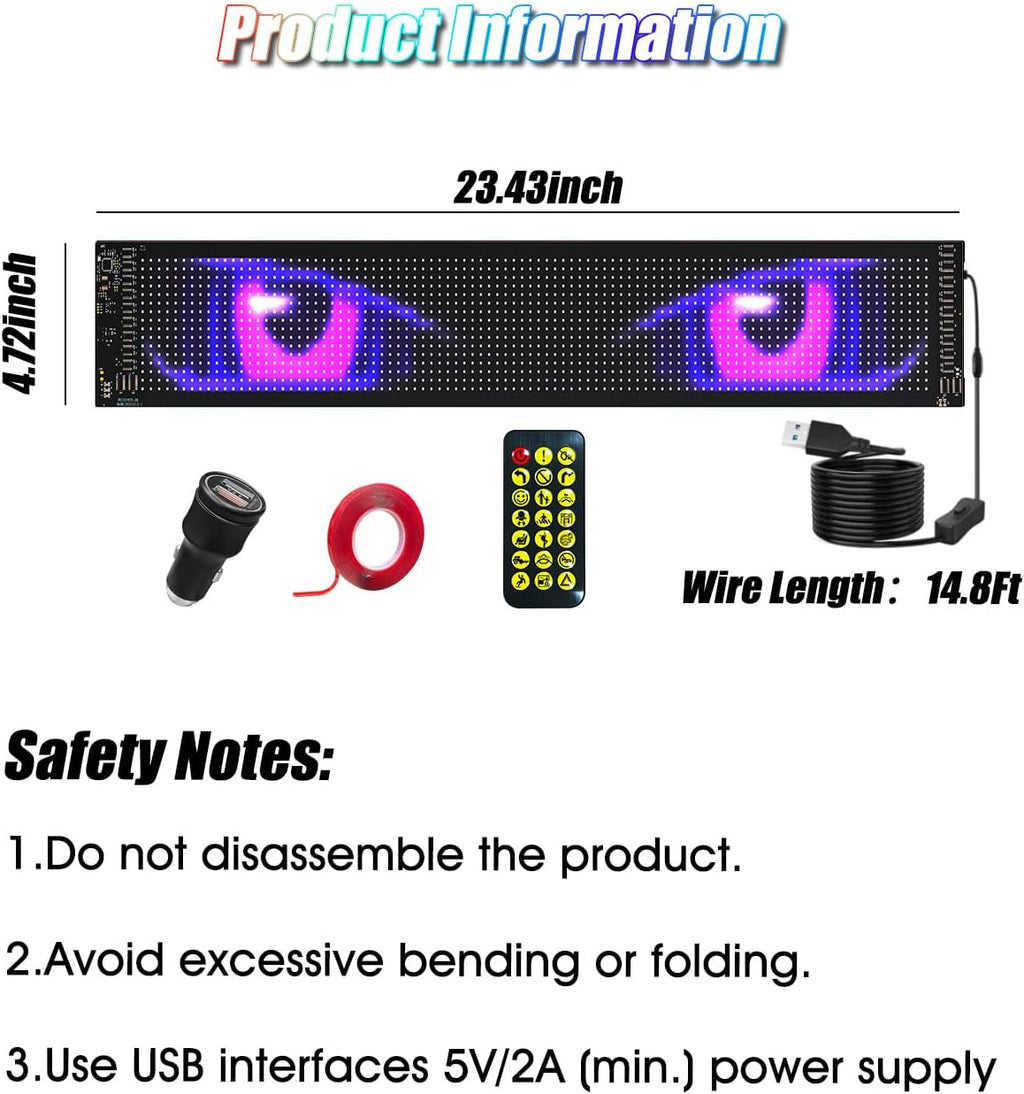 Devil Eyes Light for Windshield: 23.4"x4.7" Programmable LED Signs with APP & Remote Control - 5V USB Digital Lighting Display, LED Lights for Cars (1 Pcs)