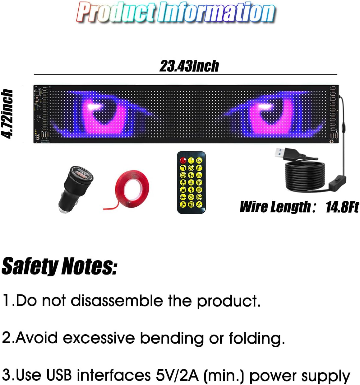 Devil Eyes Light for Windshield: 23.4"x4.7" Programmable LED Signs with APP & Remote Control - 5V USB Digital Lighting Display, LED Lights for Cars (1 Pcs)