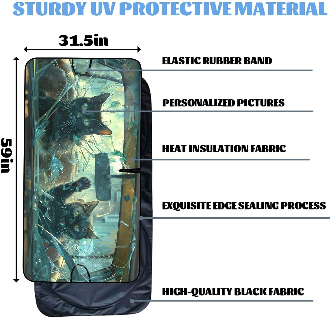 Funny Black Cat Car Windshield Sunshade - Folding 3D Broken Glass Heatshield - Front Window Sun Shade Visor Protector - 59" L x 31.5" W