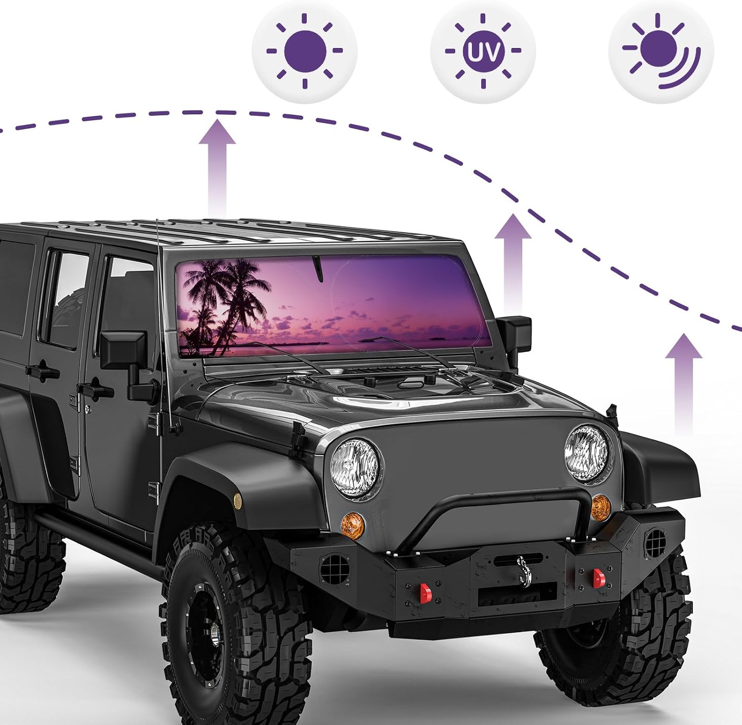DaisyInner Windshield Sun Shade Compatible with Jeep Jk Jku Jl Jlu 1997-2023 and Compatible with Gladiator Jt 2020-2023 Foldable Windshield Sunvisor Blocks UV Rays (Sunset, 16.5" x 52.5")