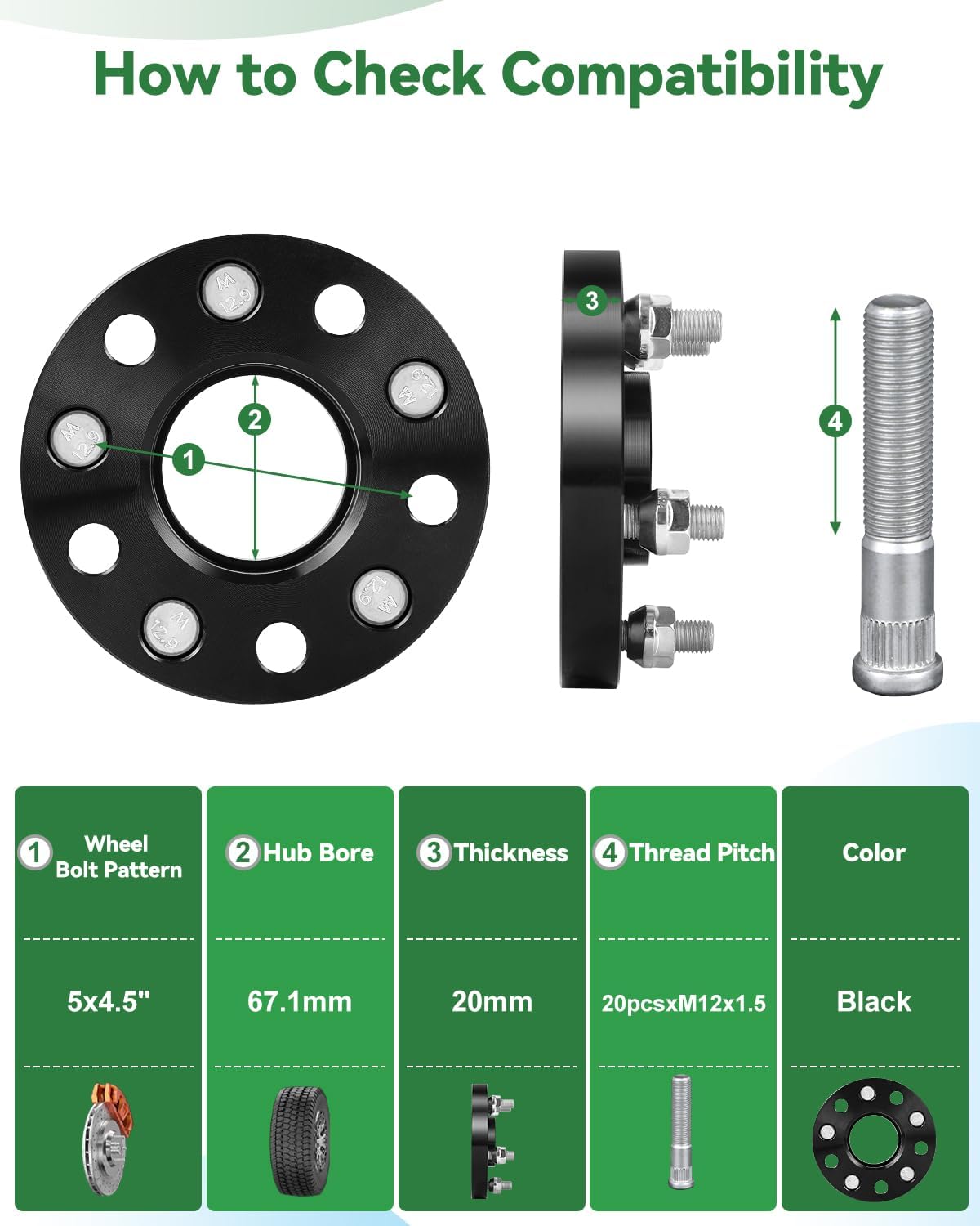 20mm 5x4.5 Hub Centric Wheel Spacers 67.1mm Hub Bore, 12x1.5 Studs 5x114.3 Forged Wheel Spacers Black Set of 4 for Hyundai Mazda Kia Ford Jeep Mitsubishi