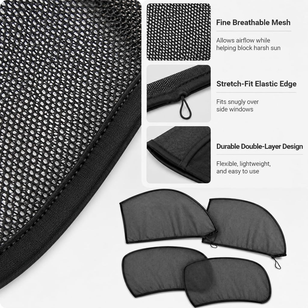 4pcs Car Window Sun Shade Cover, Breathable Mesh for All Side Windows, Mosquito Net Curtain Reduces Sun Rays Glare, Privacy Protection for Most Sedans