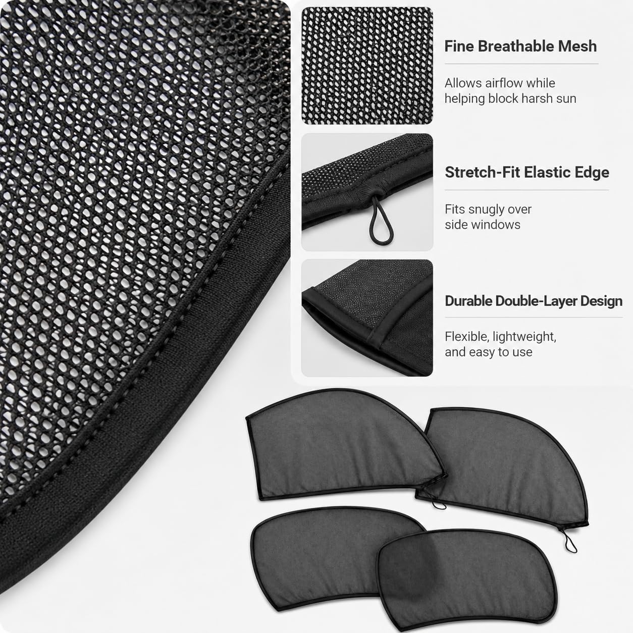 4pcs Car Window Sun Shade Cover, Breathable Mesh for All Side Windows, Mosquito Net Curtain Reduces Sun Rays Glare, Privacy Protection for Most Sedans