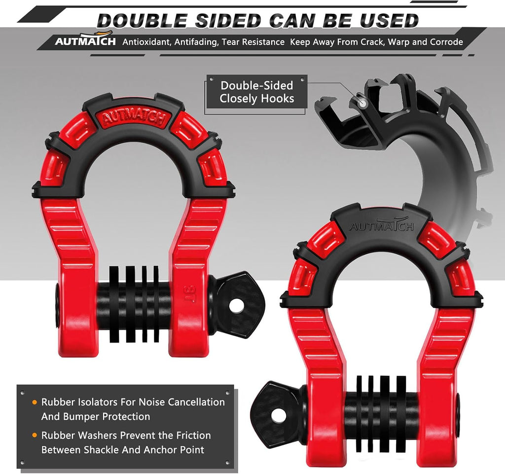 AUTMATCH D Ring Shackles 3/4" Mega Shackle (2 Pack) 68,000Ibs Break Strength - Heavy Duty Clevis Shackle 7/8" Screw Pin & Isolator Washer for Tow Strap Winch Off Road Vehicle Recovery, Red & Black