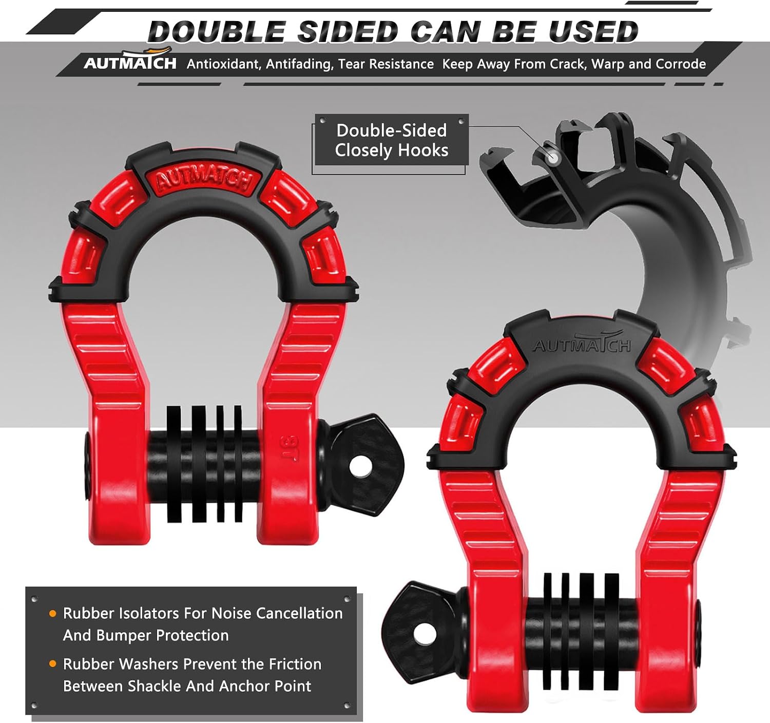 AUTMATCH D Ring Shackles 3/4" Mega Shackle (2 Pack) 68,000Ibs Break Strength - Heavy Duty Clevis Shackle 7/8" Screw Pin & Isolator Washer for Tow Strap Winch Off Road Vehicle Recovery, Red & Black