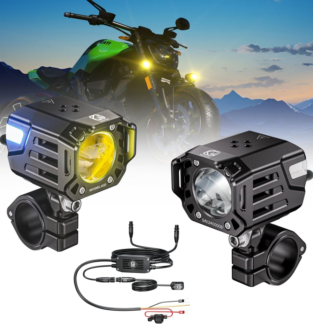 Kewig Motorcycle Auxiliary LED Fog Light 60W Amber Spotlight Lights | Motorcycle Driving Light Kit with Amber Breathing DRL, Dual Color LED Light Pod Off-road Work Light for Motorcycle Jeep Truck