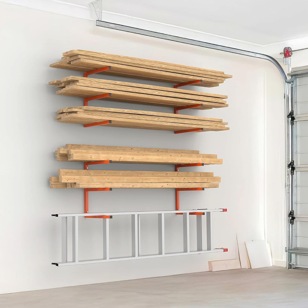 walmann garage wall mounted lumber storage rack, overhead shown in use