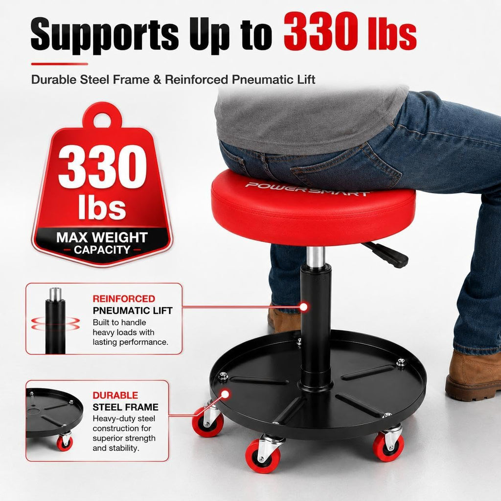 PowerSmart 330 lbs Capacity Pneumatic Roller Seat with Wheels, Adjustable Rolling Mechanic Stool with Tool Tray, Hydraulic Garage Shop Stool, Swivel Creeper Seat for Automotive Repair