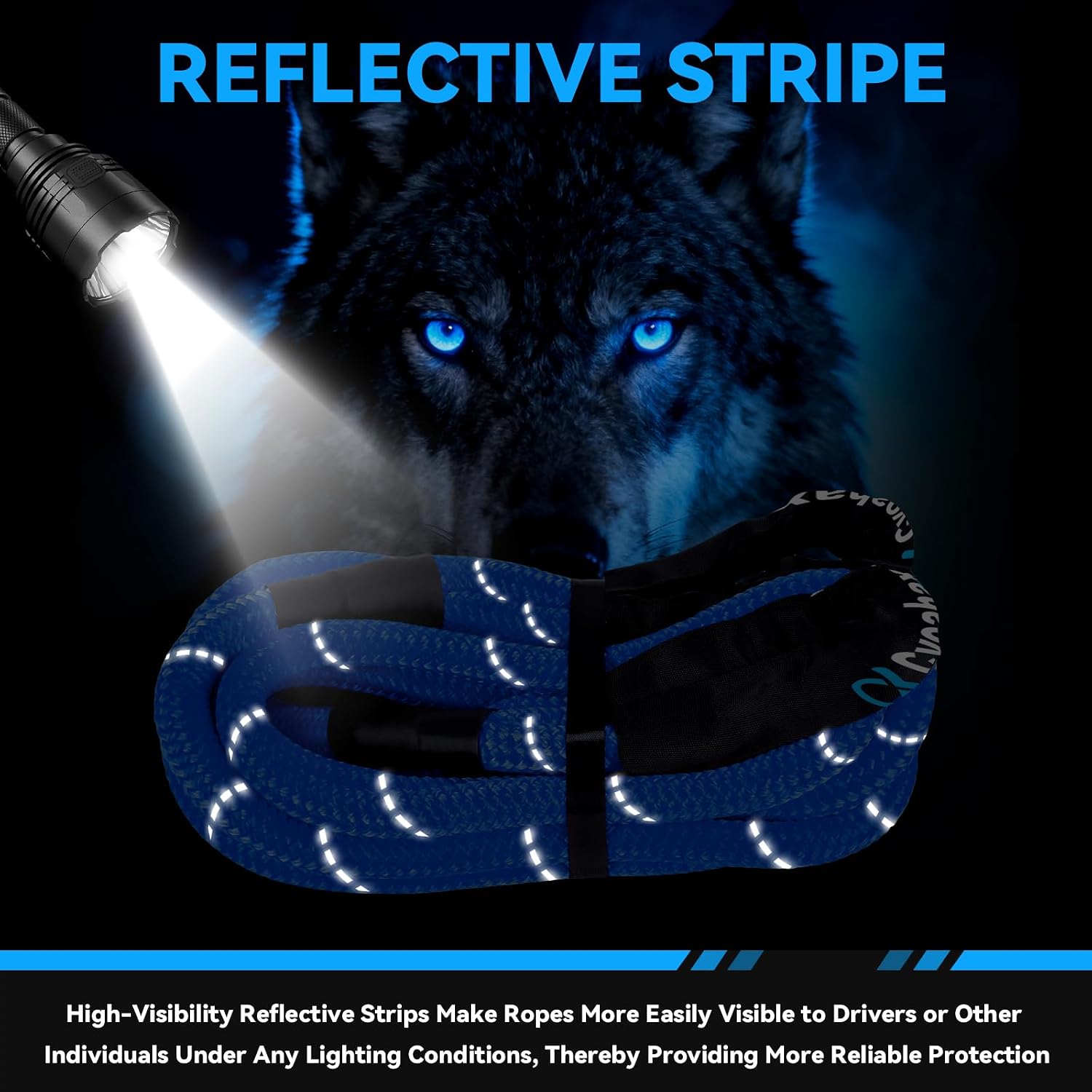 Kinetic Recovery Rope(Reflective) 1" x30ft Tow Rope with Soft Shackle | 48500LBS Heavy Duty Stretch Nylon & Extreme Duty 35% Elasticity Energy Snatch Strap for Trucks SUV UTV ATV Car, Blue