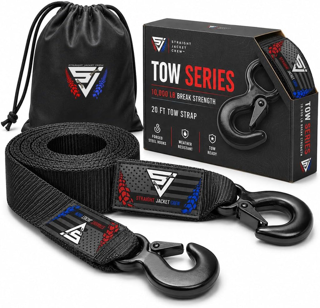 Heavy Duty 2-in x 20-ft Tow Strap with Forged Steel Hooks | 10,000 lb Break Strength | Sturdy Supplies for Vehicle Towing