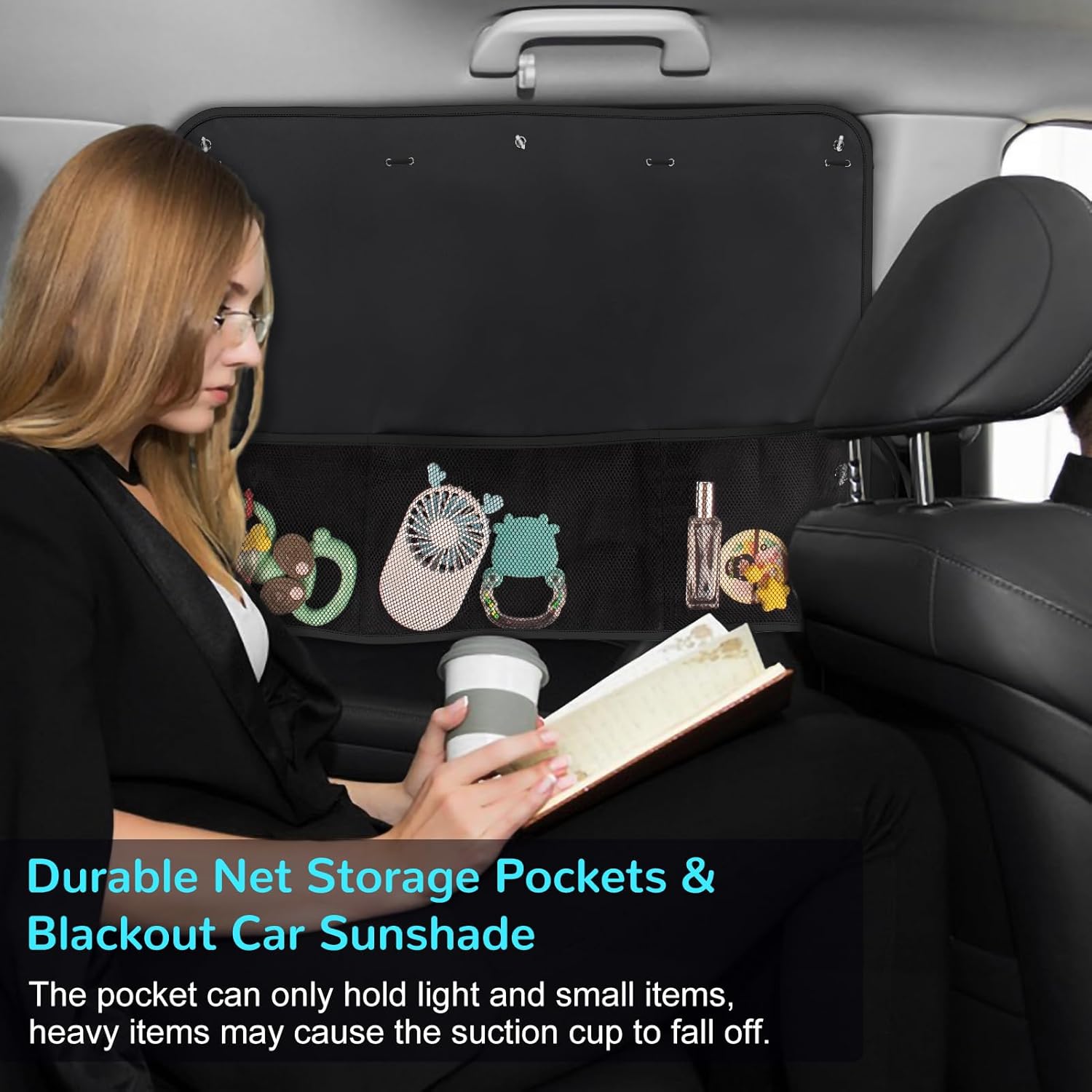 2 Pcs Car Sun Shade Side Window, Blackout Car Window Shade Privacy with Storage Net Pockets Auto Curtains for Heat/UV Protection Sun Block Covers (Black-2pcs)