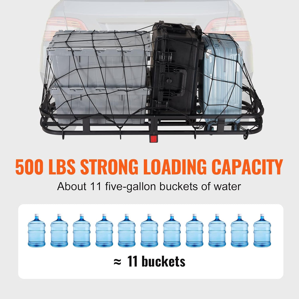 VEVOR 53 x 19 x 5 in Hitch Cargo Carrier, 500lb Capacity Trailer Mount Basket, Steel Luggage Carrier Rack Fits 2'' Receiver for SUV Truck Pickup with Net, Stabilizer, Straps, Black