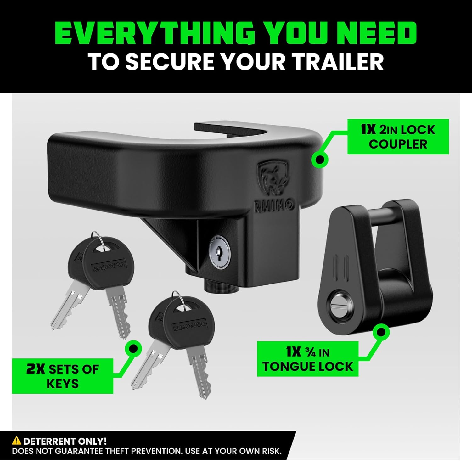 Rhino USA Trailer Hitch Lock Kit (for 2" Trailers) Heavy Duty Anti Theft Trailer Coupler Locks for RV, Camper, Trailer, Boat, Caravan - Reinforced Solid Steel Tow Lock for Trailer Tongue