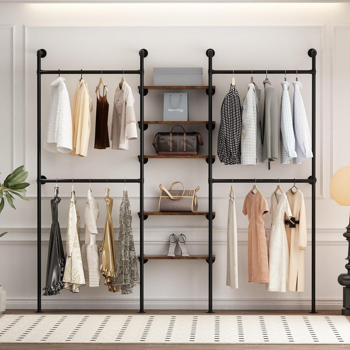industrial pipe clothing racks with 5 shelves, wall, package contents