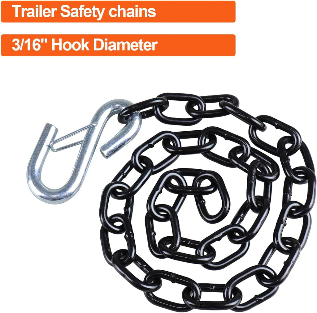 3/16"x 27" Grade 30 Steel Black Boat Trailer Safety Chain with 1 Spring Clip Hooks 3200 lbs, 2 Pcs (3/16"x 27")