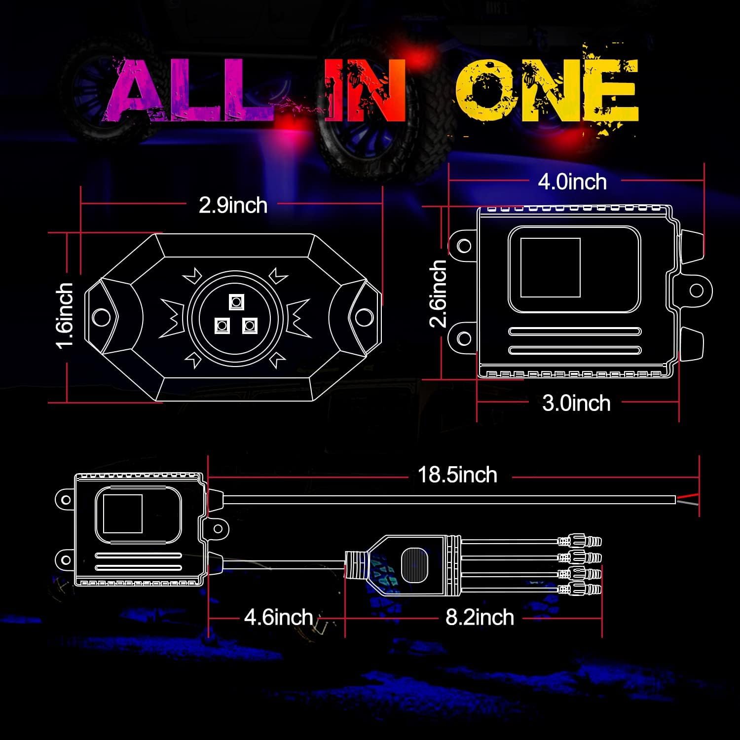OFFROADTOWN RGB LED Rock Lights Kit 4 pods Neon Trail Rig Light Underglow with Bluetooth App Control for UTV ATV Polaris Can-Am Yamaha Honda Kawasaki Boat Motorcycle