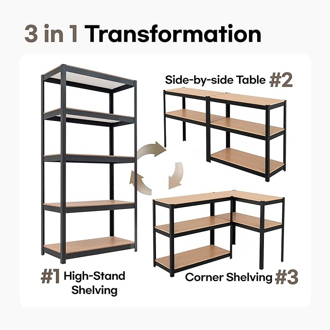 HOMEDANT House Black 5-Tier Laminated Metal Shelving Unit Adjustable Storage - Image 9