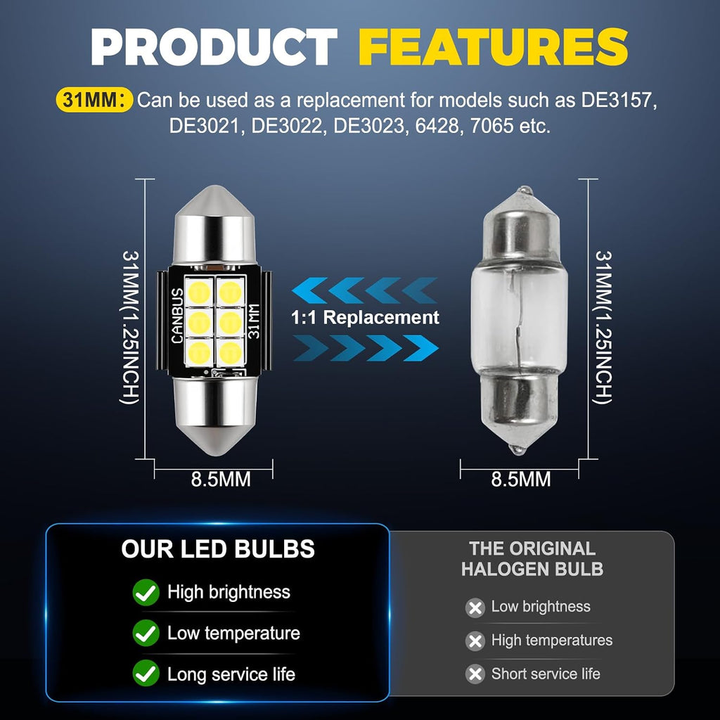 iBrightstar 9-30V Extremely Bright DE3175 DE3021 Festoon LED Bulbs Error Free 1.25" 31mm for Interior Map Dome Lights and License Plate Courtesy Lights, Xenon White