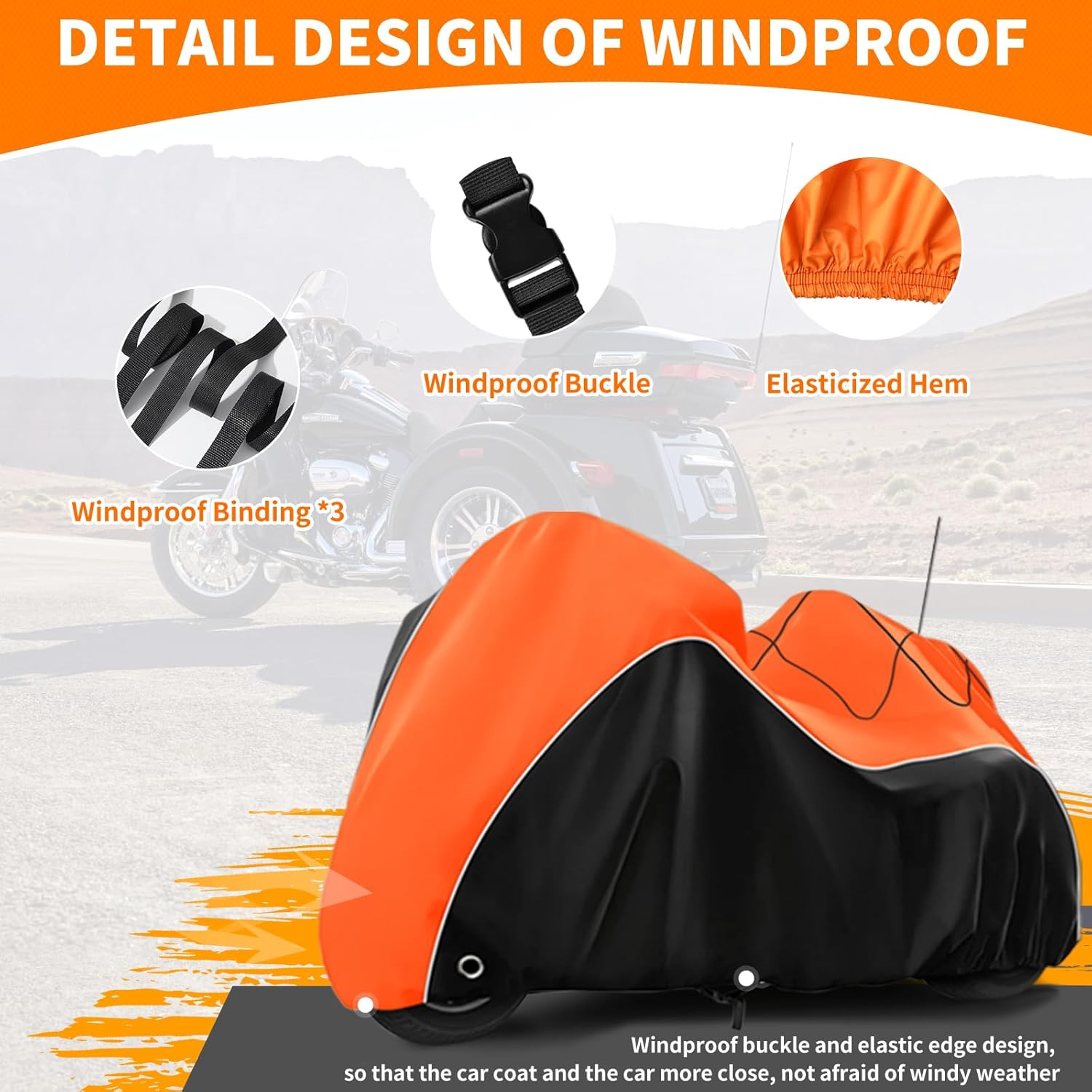 COVERVIN Trike Cover, Waterproof 3 Wheel Motorcycle Cover for Harley Honda Goldwing Freewheeler Tri Glide Ultra, with Antenna Opening, Windproof Buckles & Reflective Strips (Black&Orange)