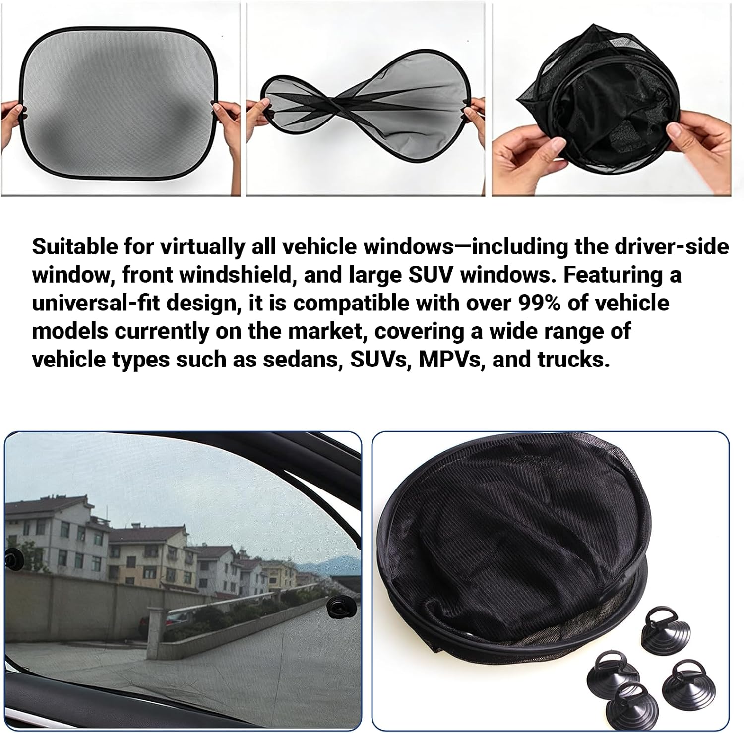 2 PCS Car Window Shade, 25.5 x 14.9 Inch Mesh Sunshade with Suction Cups for Side Windows, Glare and UV Rays Protection, Baby Side Window Car Sun Shades, Universal for Most Car, Truck, SUV