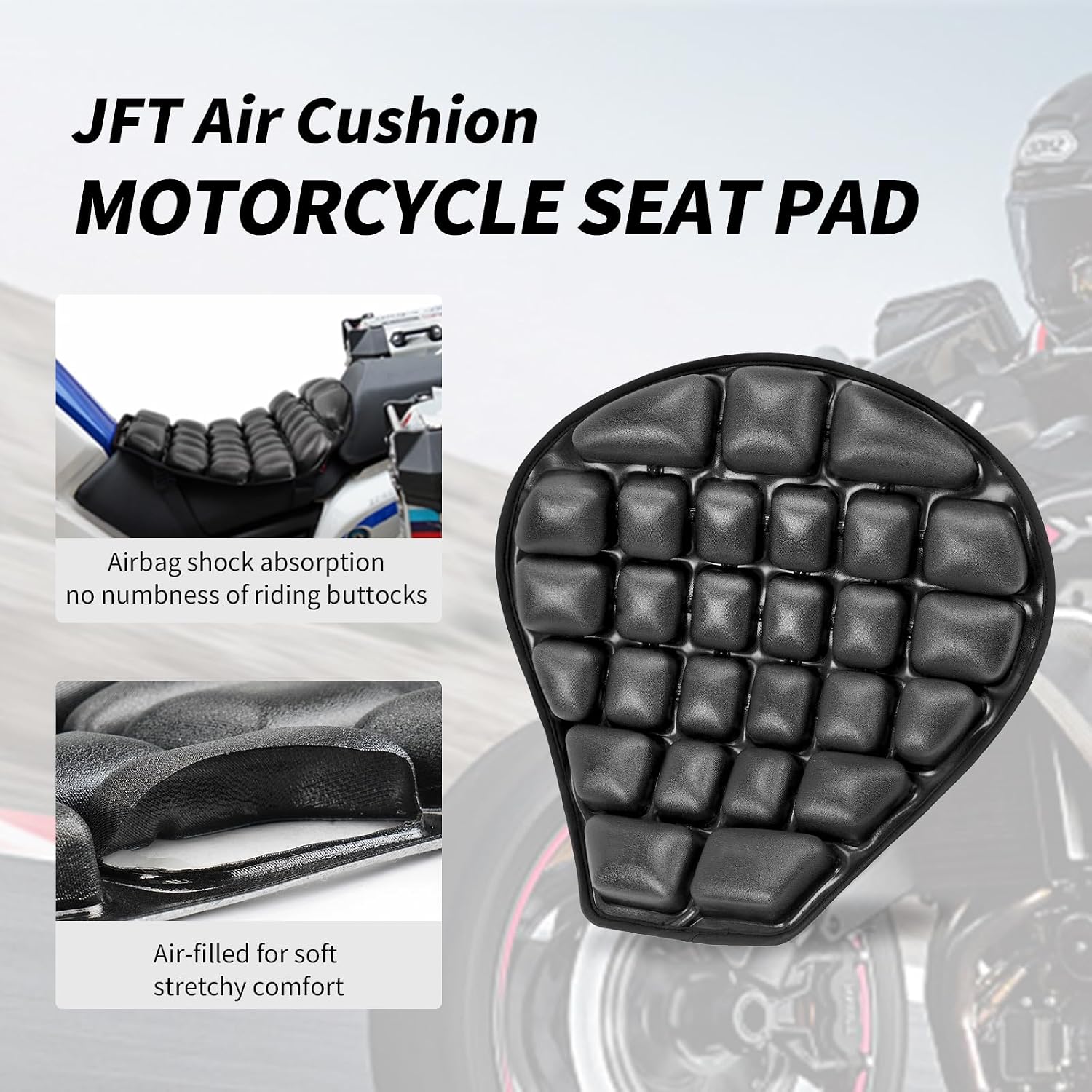 JFT Motorcycle Seat Cushion Covers Air Pad, Pressure Relief Ride Motorcycle Air Cushion Saddles Compatible with Harley Davidson Motorcycle (Black)