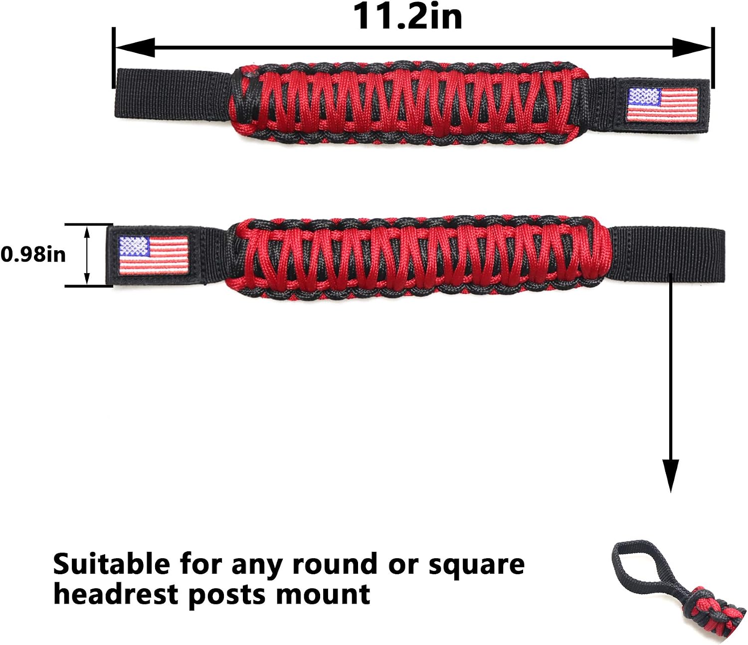 sukemichi Headrest Grab Handles for Jeep Wrangler, Toyota Tacoma, Trucks, SUV, Ford Bronco Accessories, Paracord Headrest Rear Seat Passenger Grip Handles, Universal, Red, Flag, 1 Pair